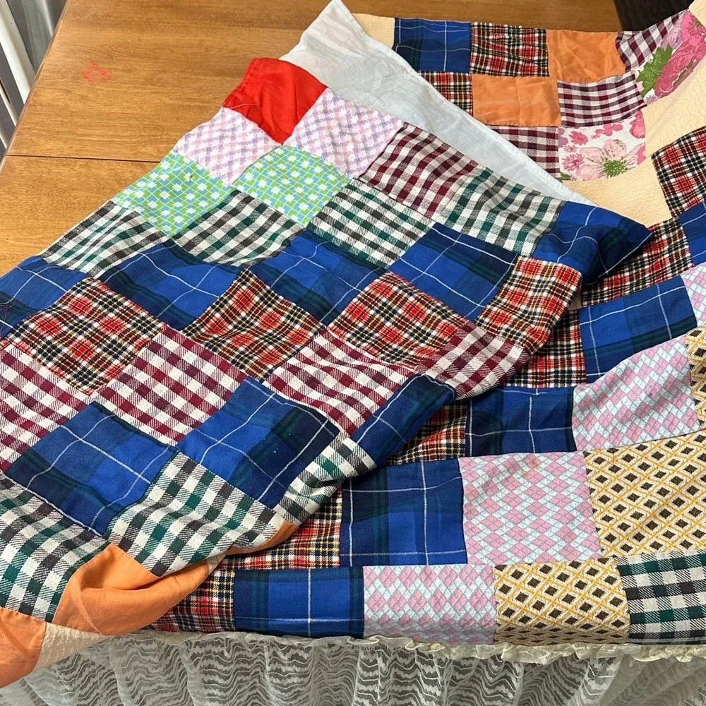 VTG Handmade Patchwork Quilt 42x86 Plaid Floral Fabric Lace Embroidery Cottage‎